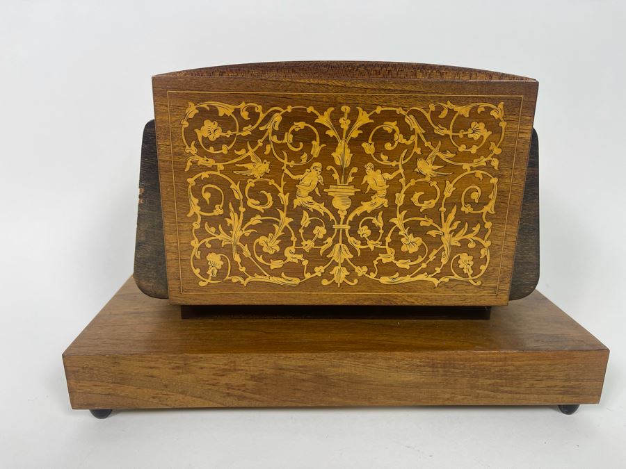 Beautiful Italian Intricately Inlaid Wood Cigar Musical Box Playing Funiculi, Funicula (See Photos For Veneer Issues On Sides Of Box) 11.25W X 4.75D X 8H [Photo 3]