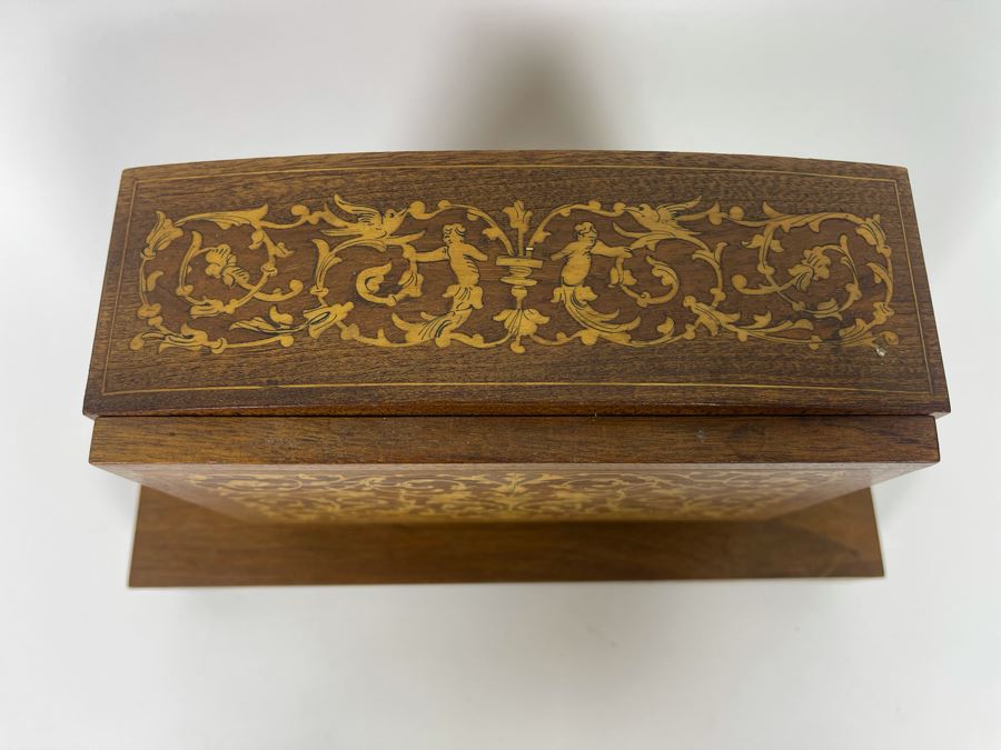 Beautiful Italian Intricately Inlaid Wood Cigar Musical Box Playing Funiculi, Funicula (See Photos For Veneer Issues On Sides Of Box) 11.25W X 4.75D X 8H [Photo 10]