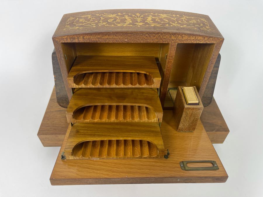 Beautiful Italian Intricately Inlaid Wood Cigar Musical Box Playing Funiculi, Funicula (See Photos For Veneer Issues On Sides Of Box) 11.25W X 4.75D X 8H [Photo 6]