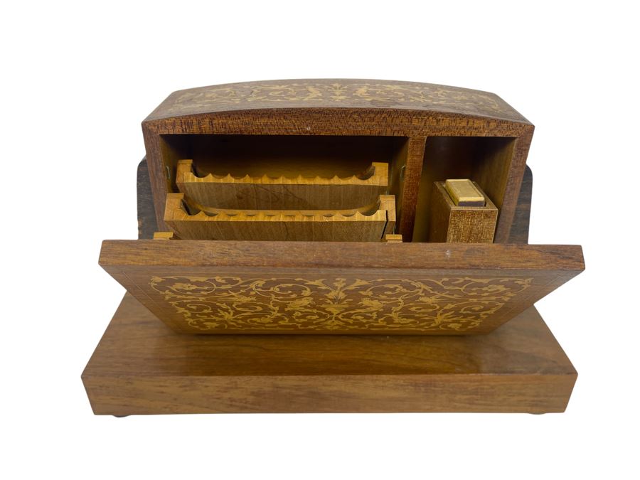 Beautiful Italian Intricately Inlaid Wood Cigar Musical Box Playing Funiculi, Funicula (See Photos For Veneer Issues On Sides Of Box) 11.25W X 4.75D X 8H