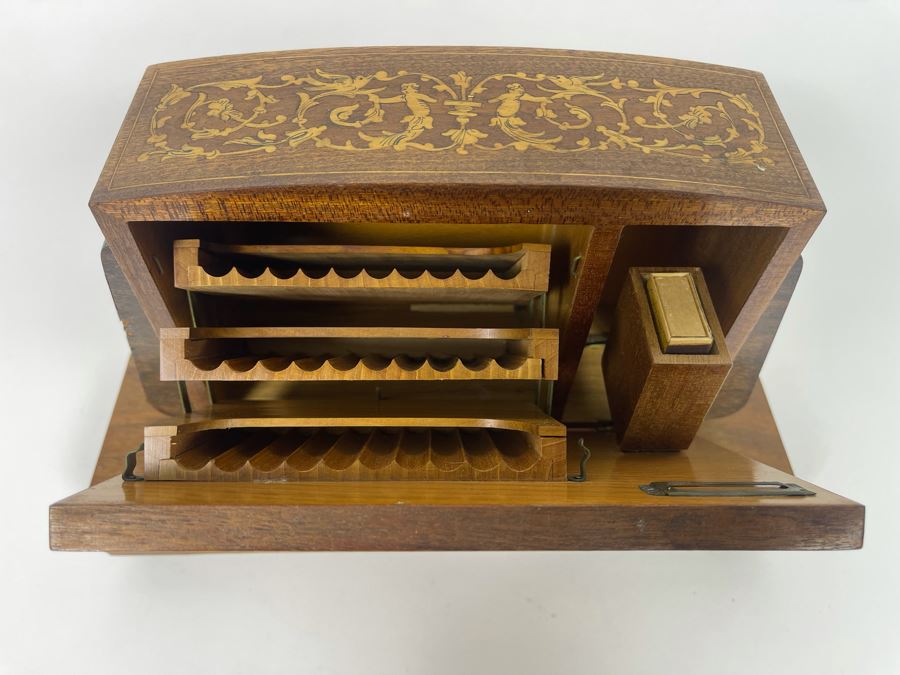 Beautiful Italian Intricately Inlaid Wood Cigar Musical Box Playing Funiculi, Funicula (See Photos For Veneer Issues On Sides Of Box) 11.25W X 4.75D X 8H [Photo 5]