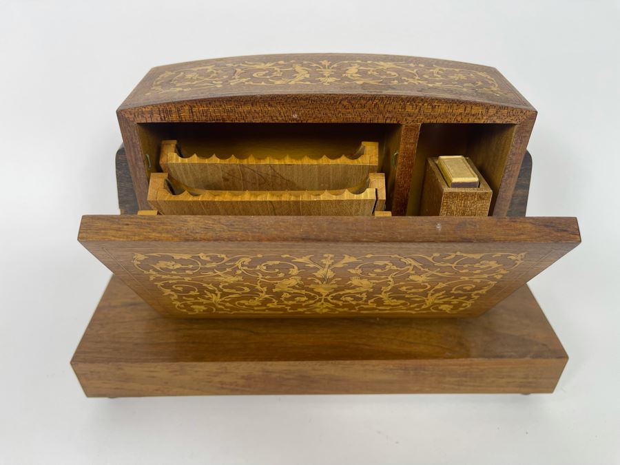 Beautiful Italian Intricately Inlaid Wood Cigar Musical Box Playing Funiculi, Funicula (See Photos For Veneer Issues On Sides Of Box) 11.25W X 4.75D X 8H [Photo 8]