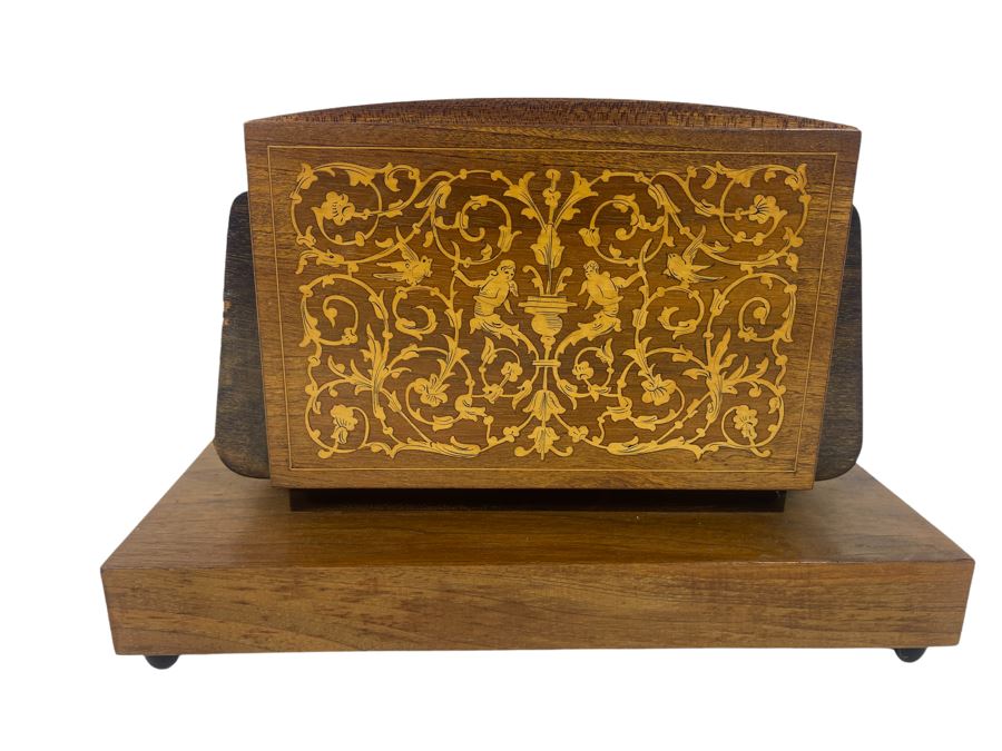 Beautiful Italian Intricately Inlaid Wood Cigar Musical Box Playing Funiculi, Funicula (See Photos For Veneer Issues On Sides Of Box) 11.25W X 4.75D X 8H [Photo 2]