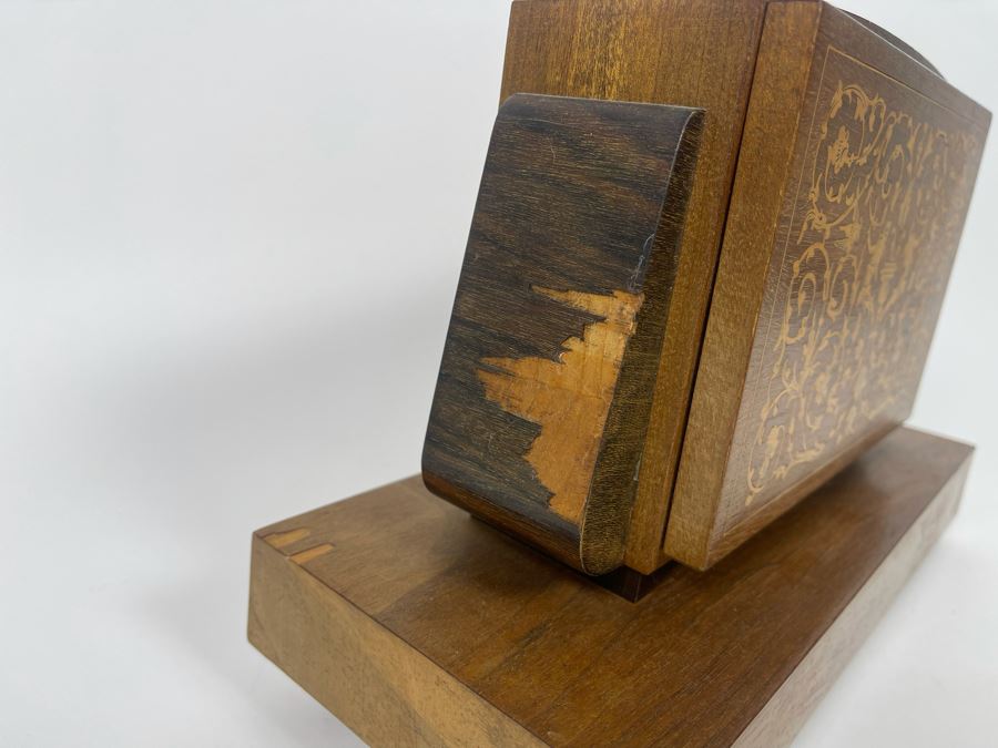 Beautiful Italian Intricately Inlaid Wood Cigar Musical Box Playing Funiculi, Funicula (See Photos For Veneer Issues On Sides Of Box) 11.25W X 4.75D X 8H [Photo 12]