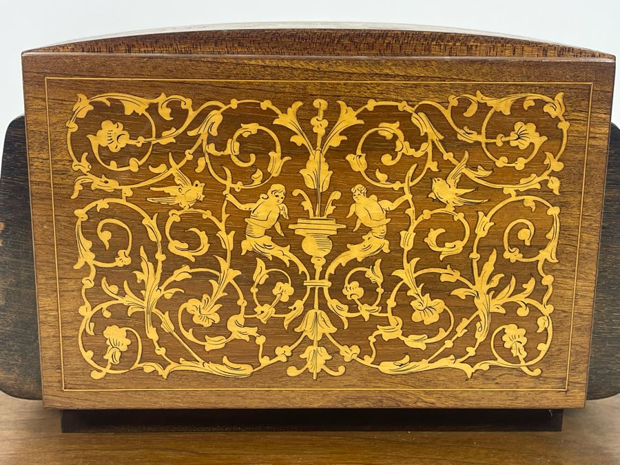 Beautiful Italian Intricately Inlaid Wood Cigar Musical Box Playing Funiculi, Funicula (See Photos For Veneer Issues On Sides Of Box) 11.25W X 4.75D X 8H [Photo 17]