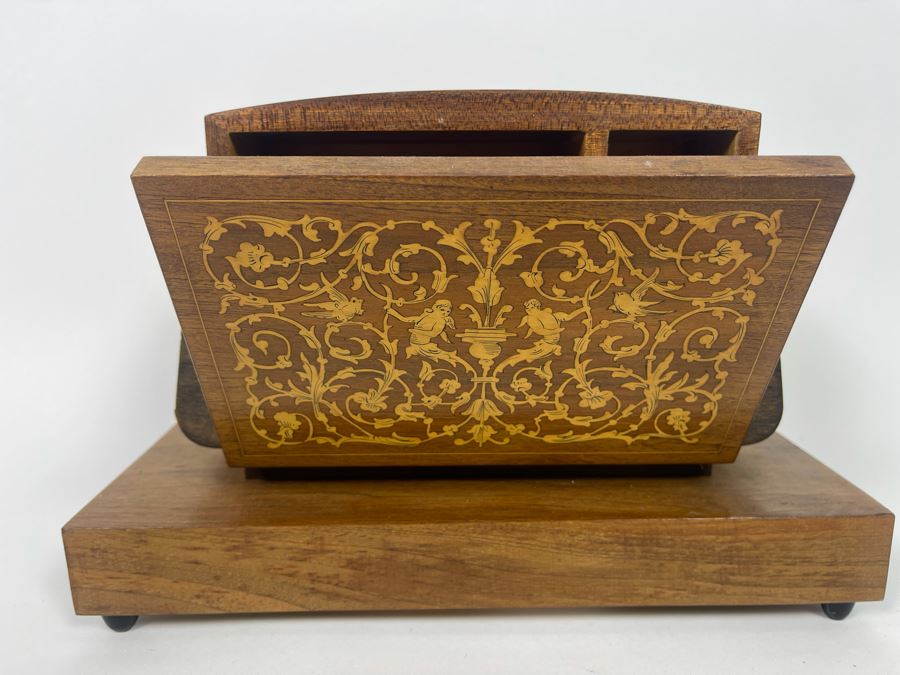 Beautiful Italian Intricately Inlaid Wood Cigar Musical Box Playing Funiculi, Funicula (See Photos For Veneer Issues On Sides Of Box) 11.25W X 4.75D X 8H [Photo 9]