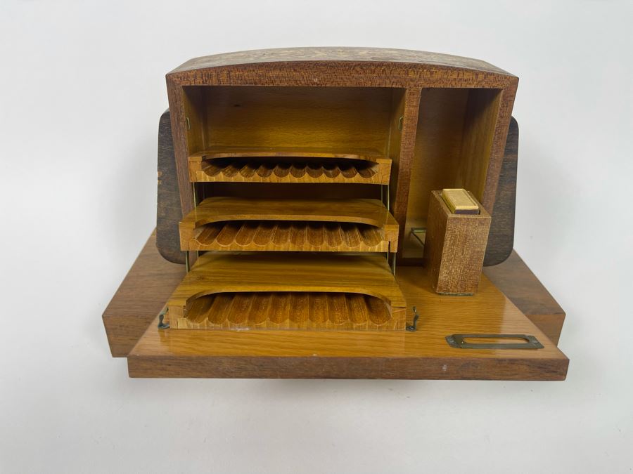 Beautiful Italian Intricately Inlaid Wood Cigar Musical Box Playing Funiculi, Funicula (See Photos For Veneer Issues On Sides Of Box) 11.25W X 4.75D X 8H [Photo 7]