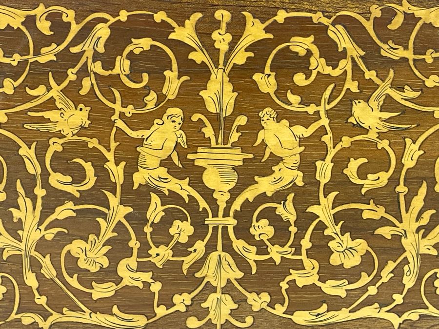 Beautiful Italian Intricately Inlaid Wood Cigar Musical Box Playing Funiculi, Funicula (See Photos For Veneer Issues On Sides Of Box) 11.25W X 4.75D X 8H [Photo 18]