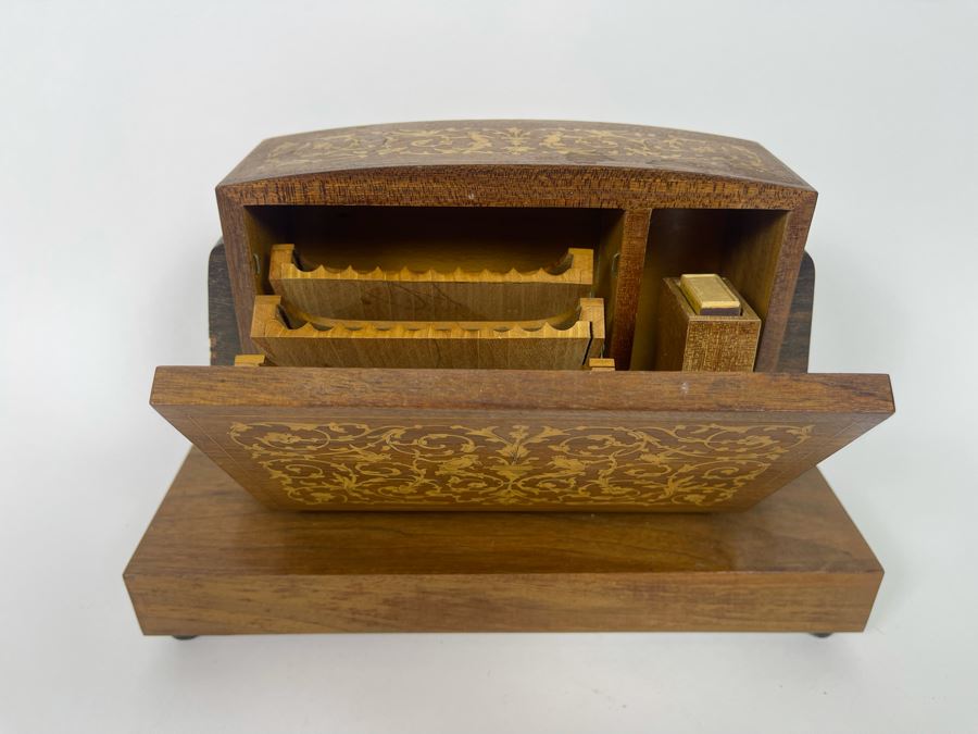 Beautiful Italian Intricately Inlaid Wood Cigar Musical Box Playing Funiculi, Funicula (See Photos For Veneer Issues On Sides Of Box) 11.25W X 4.75D X 8H [Photo 4]