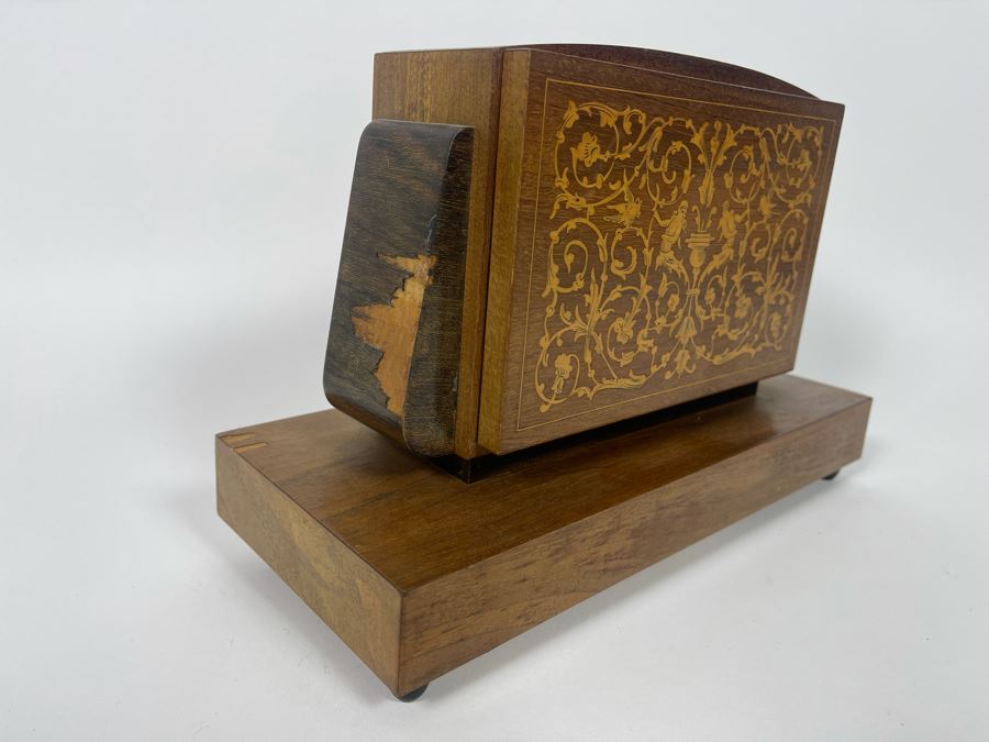 Beautiful Italian Intricately Inlaid Wood Cigar Musical Box Playing Funiculi, Funicula (See Photos For Veneer Issues On Sides Of Box) 11.25W X 4.75D X 8H [Photo 11]