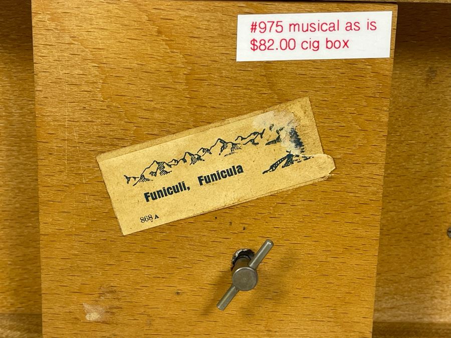 Beautiful Italian Intricately Inlaid Wood Cigar Musical Box Playing Funiculi, Funicula (See Photos For Veneer Issues On Sides Of Box) 11.25W X 4.75D X 8H [Photo 16]