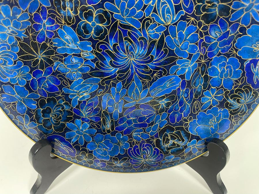 Stunning Chinese Blue Cloisonne 10' Plate With Display Stand [Photo 4]