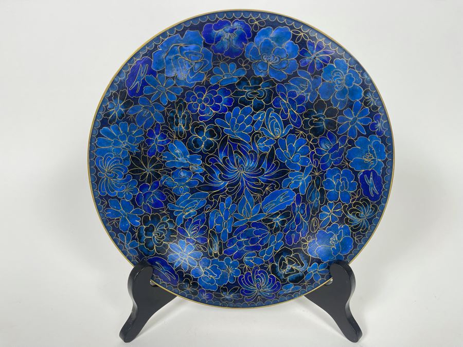 Stunning Chinese Blue Cloisonne 10' Plate With Display Stand [Photo 3]