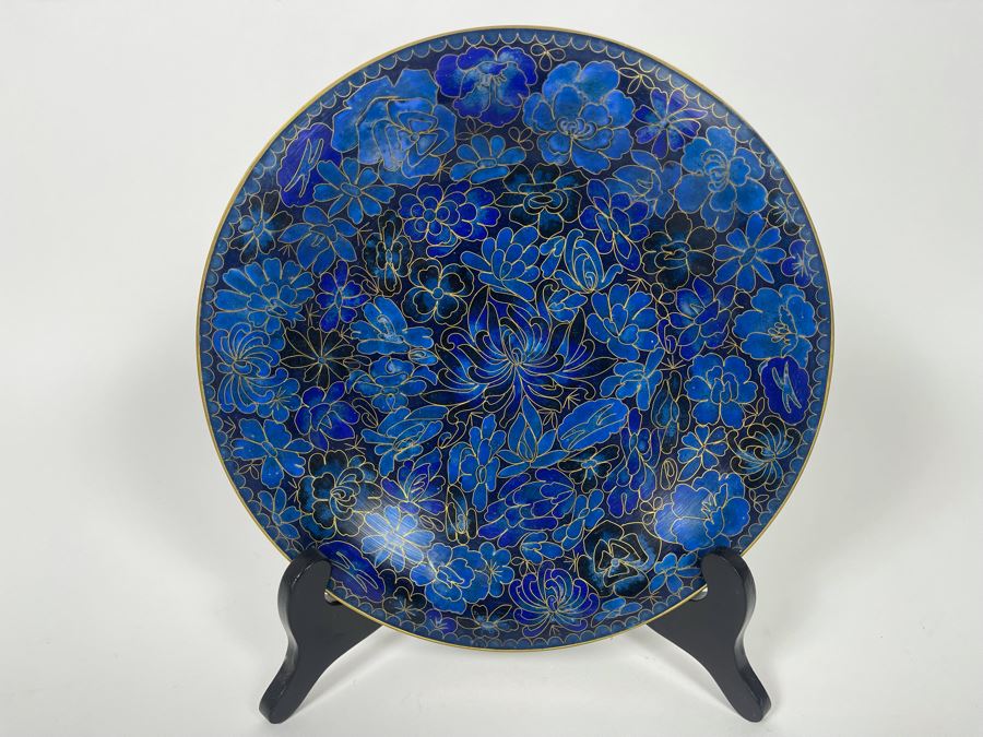 Stunning Chinese Blue Cloisonne 10' Plate With Display Stand [Photo 2]