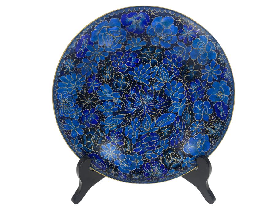 Stunning Chinese Blue Cloisonne 10' Plate With Display Stand