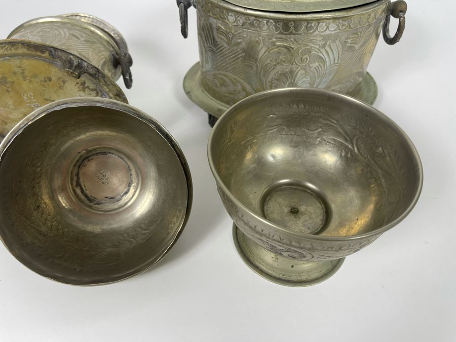 Collection Of Three Vintage Signed Moroccan Brass Silver Engraved Tea Tobacco Boxes Caddy [Photo 14]