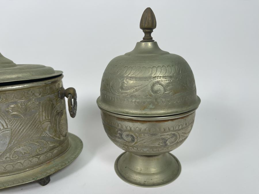Collection Of Three Vintage Signed Moroccan Brass Silver Engraved Tea Tobacco Boxes Caddy [Photo 6]