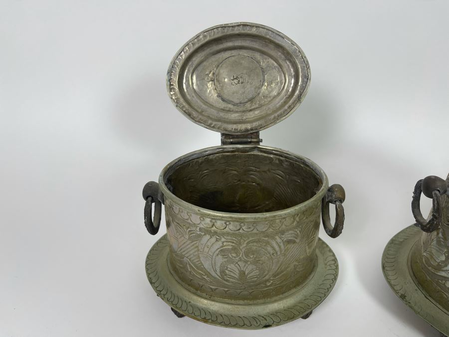 Collection Of Three Vintage Signed Moroccan Brass Silver Engraved Tea Tobacco Boxes Caddy [Photo 10]