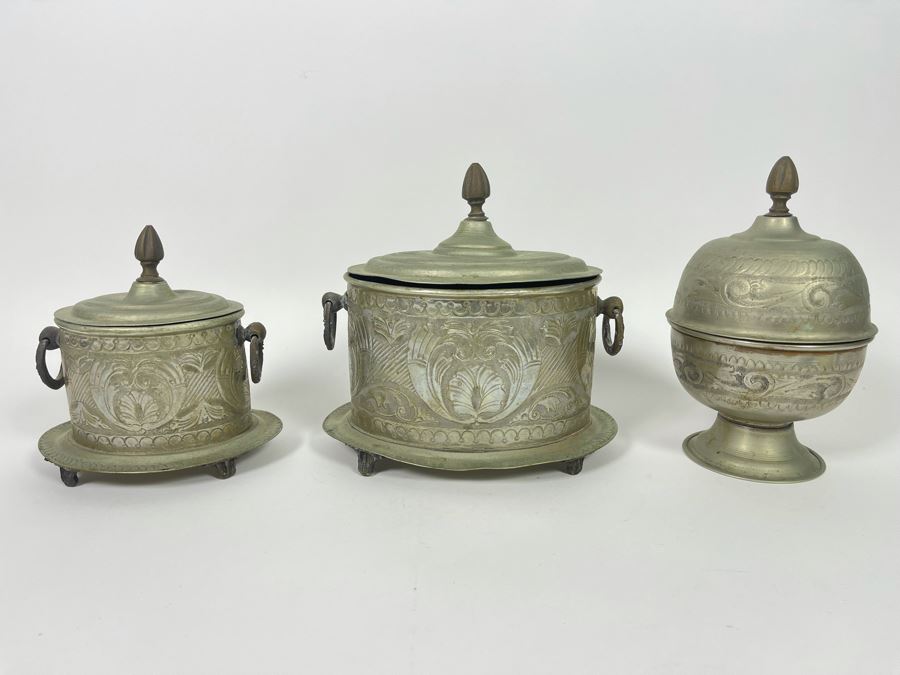 Collection Of Three Vintage Signed Moroccan Brass Silver Engraved Tea Tobacco Boxes Caddy [Photo 2]