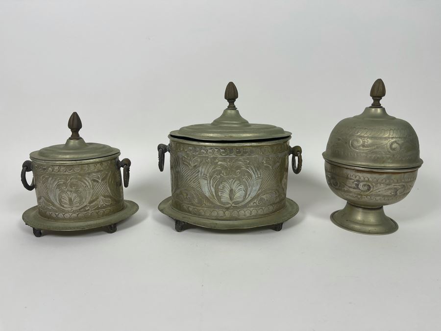 Collection Of Three Vintage Signed Moroccan Brass Silver Engraved Tea Tobacco Boxes Caddy [Photo 3]