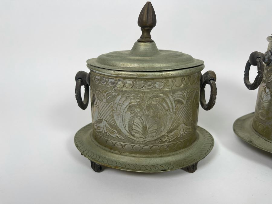 Collection Of Three Vintage Signed Moroccan Brass Silver Engraved Tea Tobacco Boxes Caddy [Photo 5]