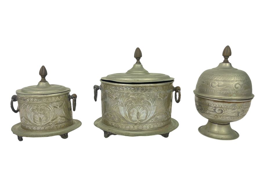 Collection Of Three Vintage Signed Moroccan Brass Silver Engraved Tea Tobacco Boxes Caddy