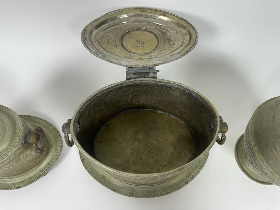 Collection Of Three Vintage Signed Moroccan Brass Silver Engraved Tea Tobacco Boxes Caddy [Photo 7]