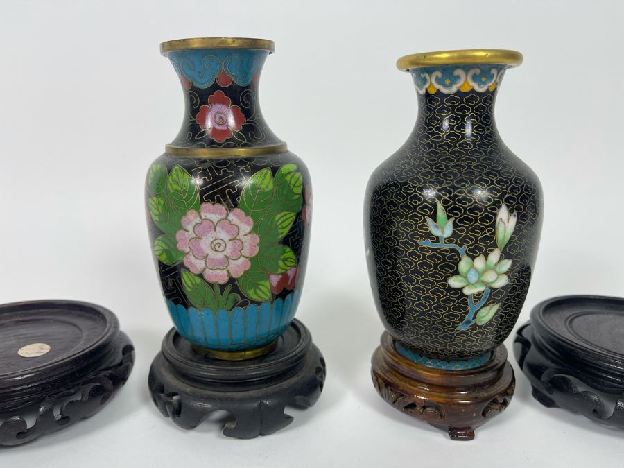 Pair Of Chinese Cloisonne 5' Vases With Four Wooden Stands [Photo 6]