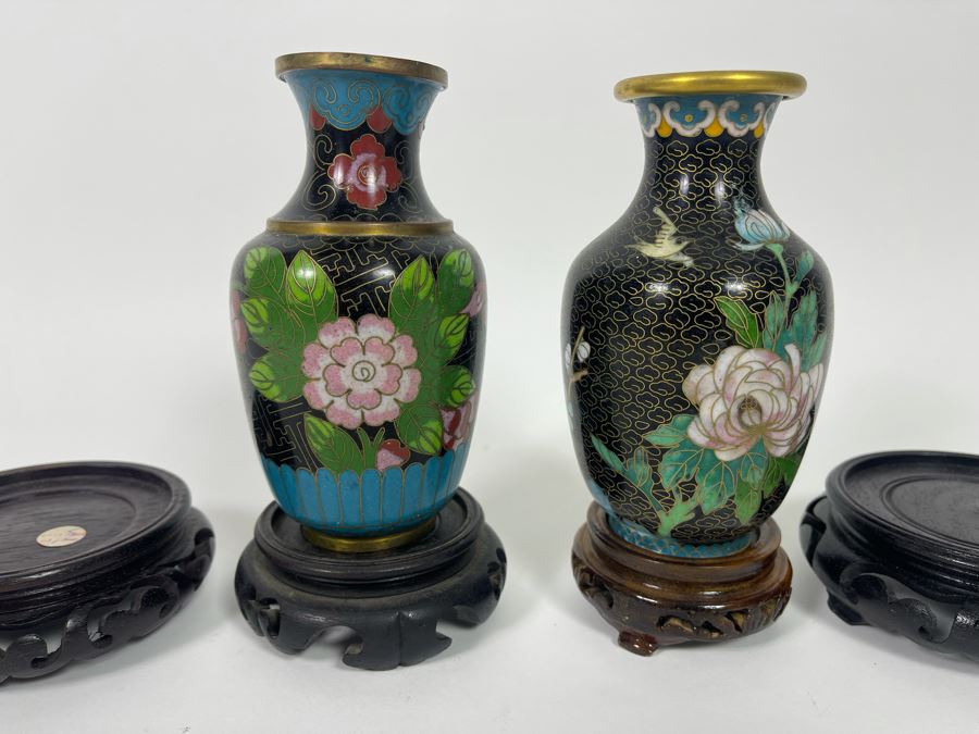 Pair Of Chinese Cloisonne 5' Vases With Four Wooden Stands [Photo 3]