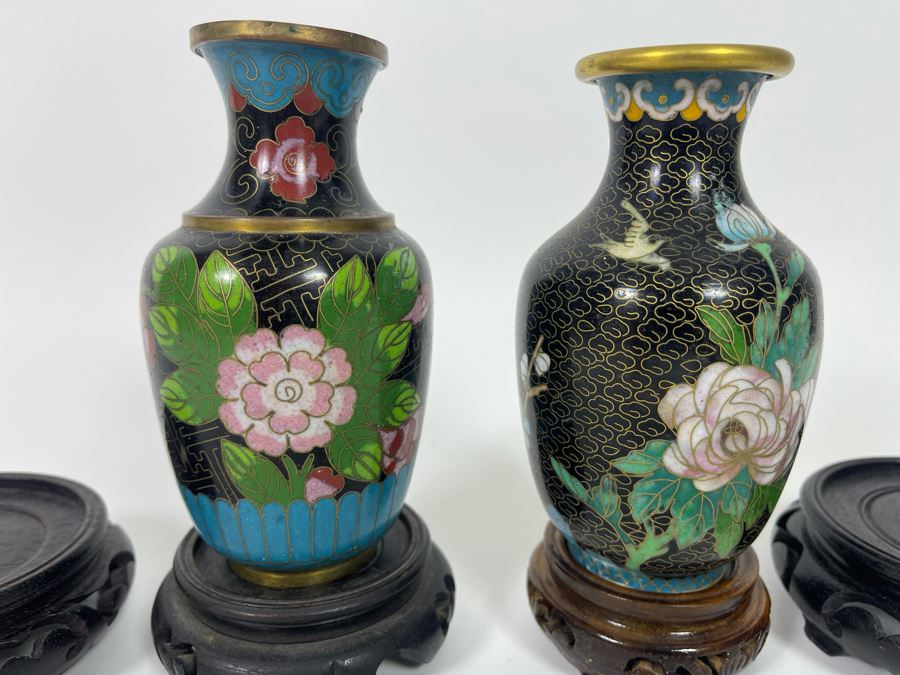 Pair Of Chinese Cloisonne 5' Vases With Four Wooden Stands [Photo 5]