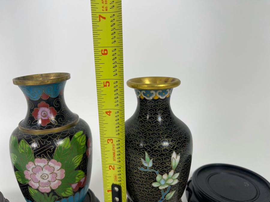 Pair Of Chinese Cloisonne 5' Vases With Four Wooden Stands [Photo 7]