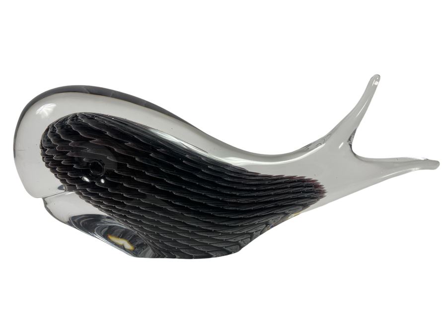 Signed Marcolin Sweden Studio Art Glass Whale 11W X 4.5H