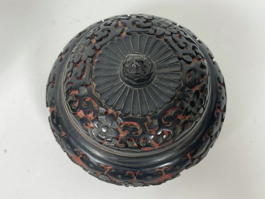 Chinese Cloisonne 5' Vase And Chinese Red Cinnabar And Black Lacquered Bowl With Lid 4W X 3H [Photo 7]