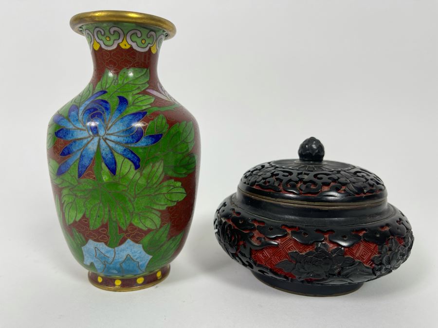 Chinese Cloisonne 5' Vase And Chinese Red Cinnabar And Black Lacquered Bowl With Lid 4W X 3H [Photo 3]