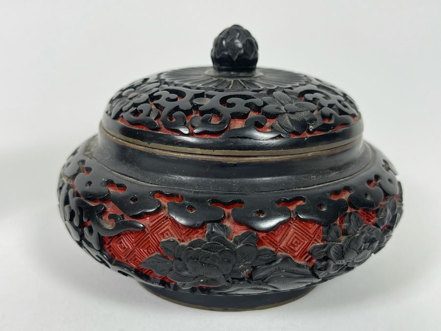 Chinese Cloisonne 5' Vase And Chinese Red Cinnabar And Black Lacquered ...