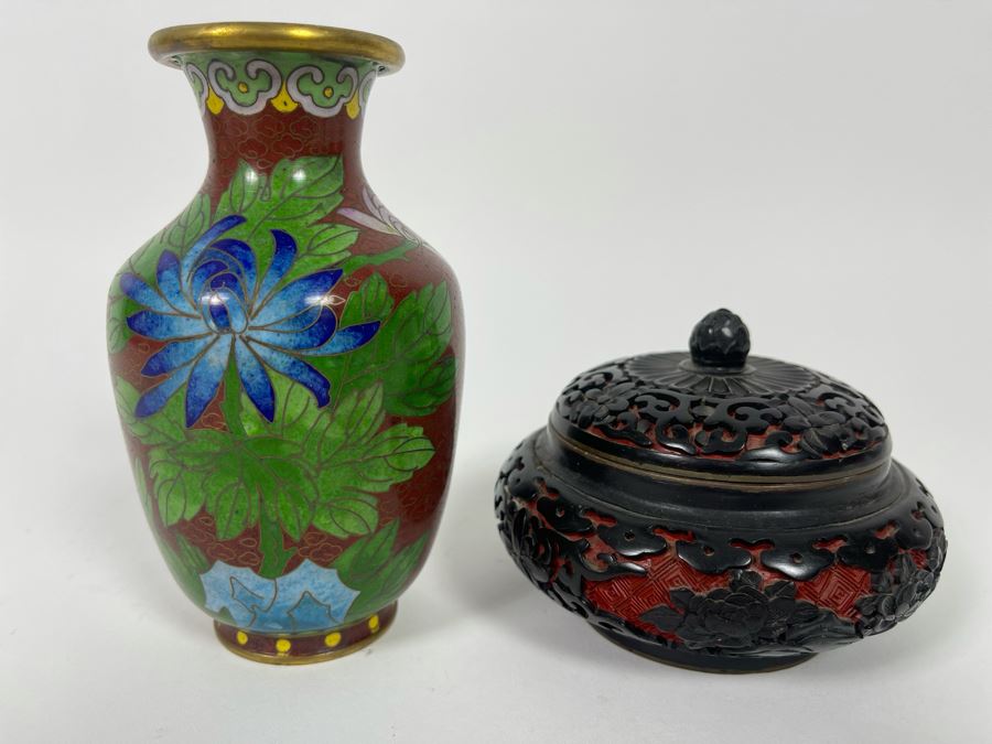 Chinese Cloisonne 5' Vase And Chinese Red Cinnabar And Black Lacquered Bowl With Lid 4W X 3H [Photo 2]