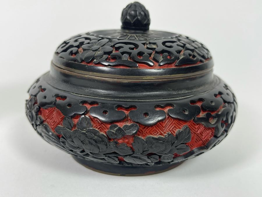 Chinese Cloisonne 5' Vase And Chinese Red Cinnabar And Black Lacquered Bowl With Lid 4W X 3H [Photo 6]
