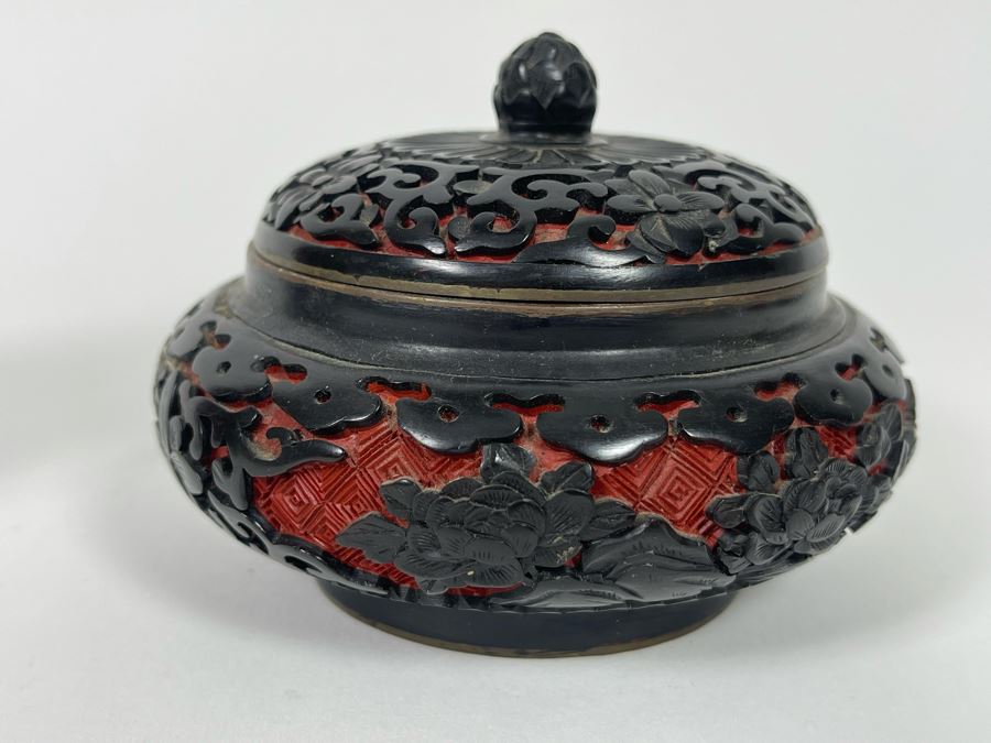 Chinese Cloisonne 5' Vase And Chinese Red Cinnabar And Black Lacquered Bowl With Lid 4W X 3H [Photo 5]