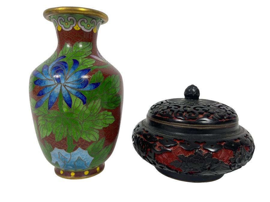 Chinese Cloisonne 5' Vase And Chinese Red Cinnabar And Black Lacquered Bowl With Lid 4W X 3H