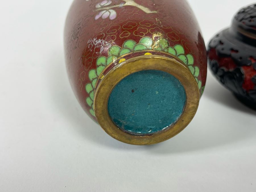 Chinese Cloisonne 5' Vase And Chinese Red Cinnabar And Black Lacquered Bowl With Lid 4W X 3H [Photo 12]