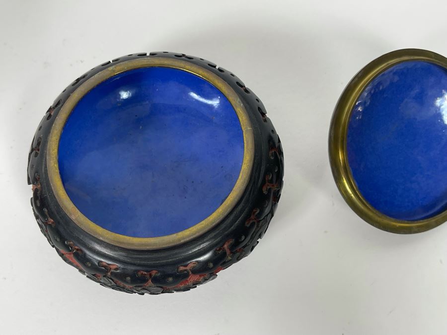 Chinese Cloisonne 5' Vase And Chinese Red Cinnabar And Black Lacquered Bowl With Lid 4W X 3H [Photo 8]