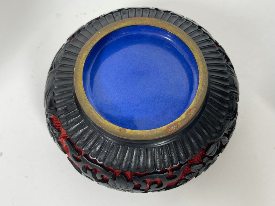 Chinese Cloisonne 5' Vase And Chinese Red Cinnabar And Black Lacquered Bowl With Lid 4W X 3H [Photo 9]