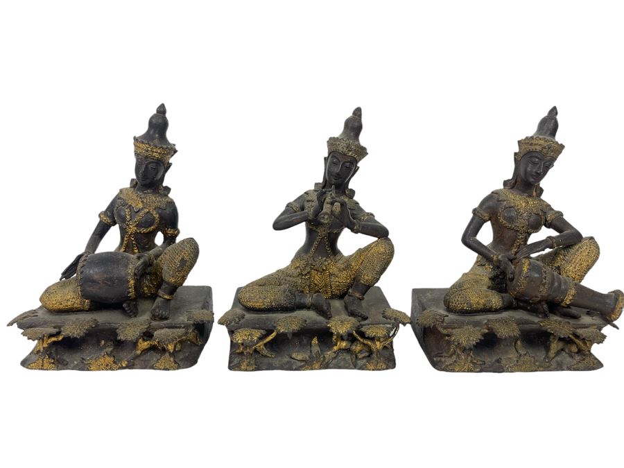 Set Of Three Vintage Thai Hindu Gilded Bronze Statues Playing Musical Instruments 5.5W X 3.5D X 7H