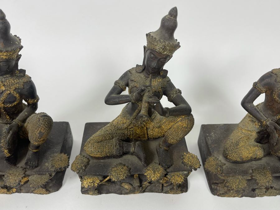 Set Of Three Vintage Thai Hindu Gilded Bronze Statues Playing Musical Instruments 5.5W X 3.5D X 7H [Photo 5]