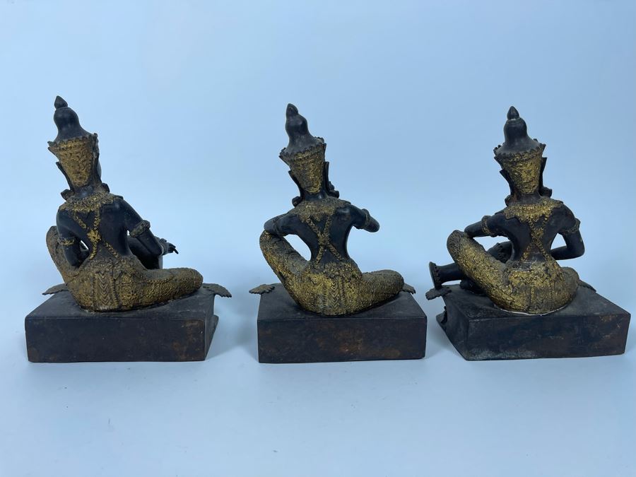 Set Of Three Vintage Thai Hindu Gilded Bronze Statues Playing Musical Instruments 5.5W X 3.5D X 7H [Photo 12]