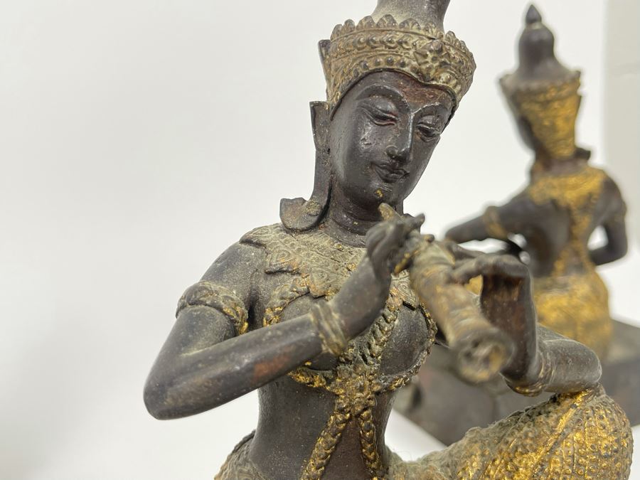 Set Of Three Vintage Thai Hindu Gilded Bronze Statues Playing Musical Instruments 5.5W X 3.5D X 7H [Photo 18]