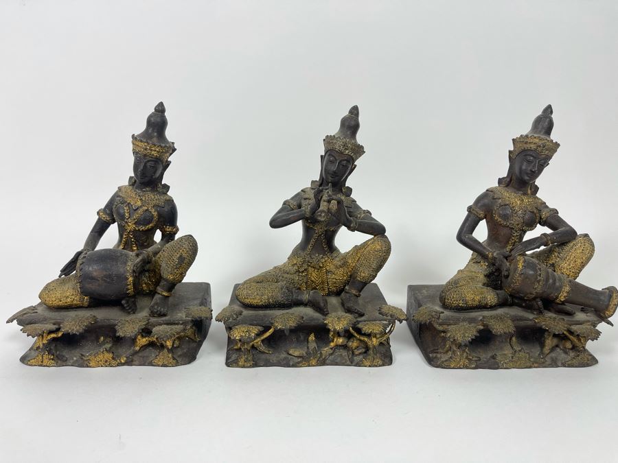 Set Of Three Vintage Thai Hindu Gilded Bronze Statues Playing Musical Instruments 5.5W X 3.5D X 7H [Photo 2]