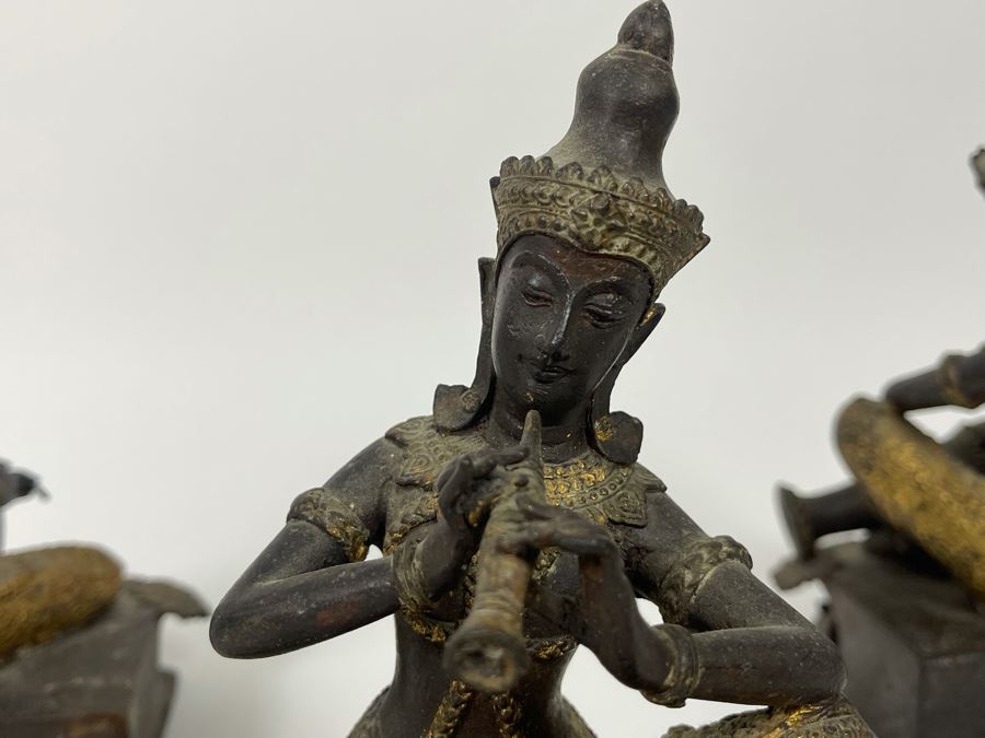 Set Of Three Vintage Thai Hindu Gilded Bronze Statues Playing Musical Instruments 5.5W X 3.5D X 7H [Photo 17]
