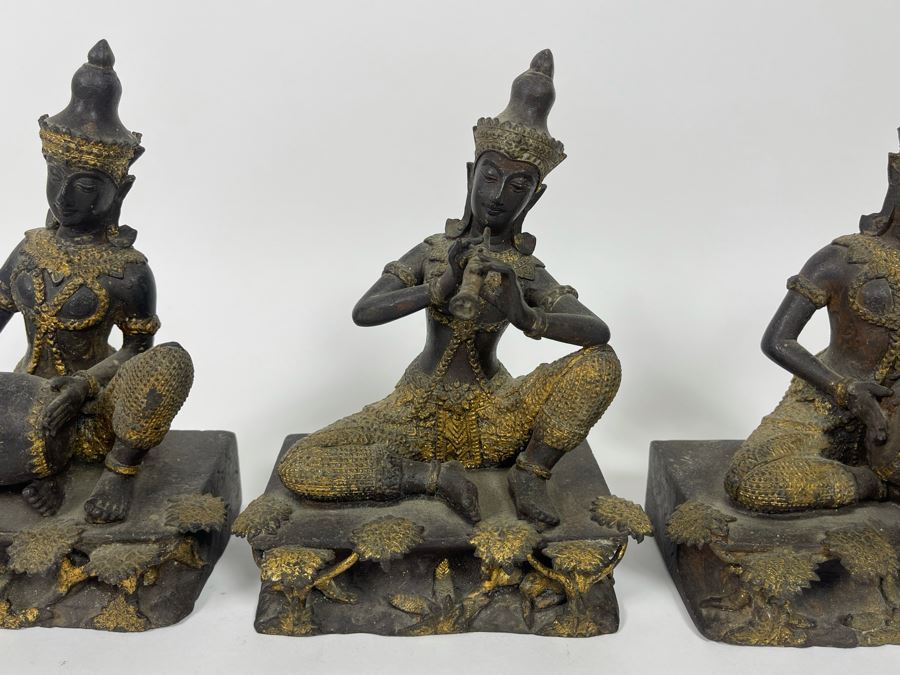 Set Of Three Vintage Thai Hindu Gilded Bronze Statues Playing Musical Instruments 5.5W X 3.5D X 7H [Photo 4]
