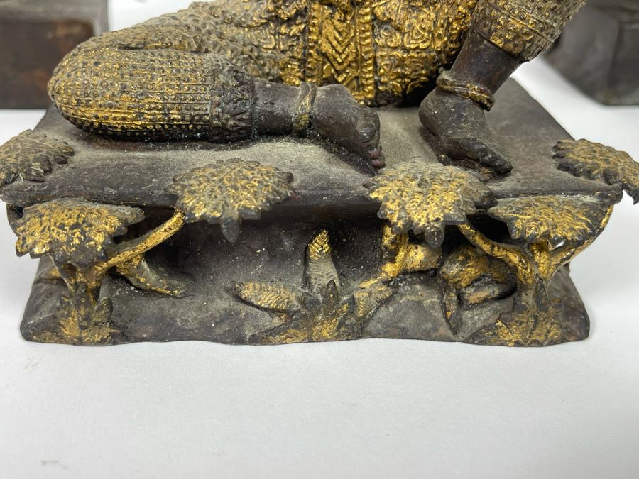 Set Of Three Vintage Thai Hindu Gilded Bronze Statues Playing Musical Instruments 5.5W X 3.5D X 7H [Photo 15]